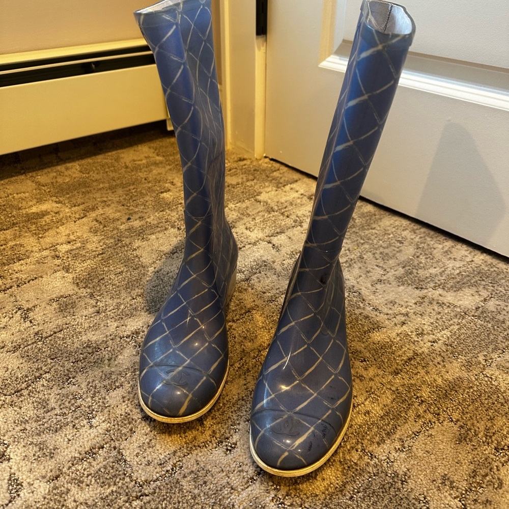 Light blue and white Chanel rain boots